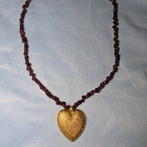 $3 with Bundle ~ Garnet Chip Necklace with Large Gold Heart Charm 4295